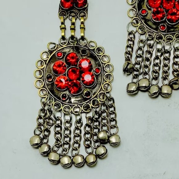 Kuchi Red Dangle Earrings, Massive Ethnic Afghan Earrings, Kuchi Tribal Jewelry - Picture 5 of 10